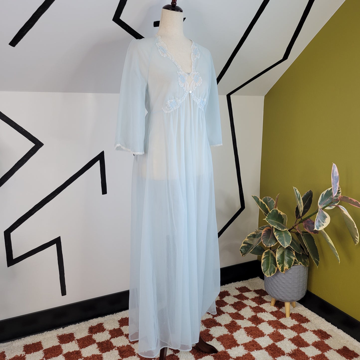 Kayser Vintage 60s Light Blue Center Button Duster Night Gown - Small
