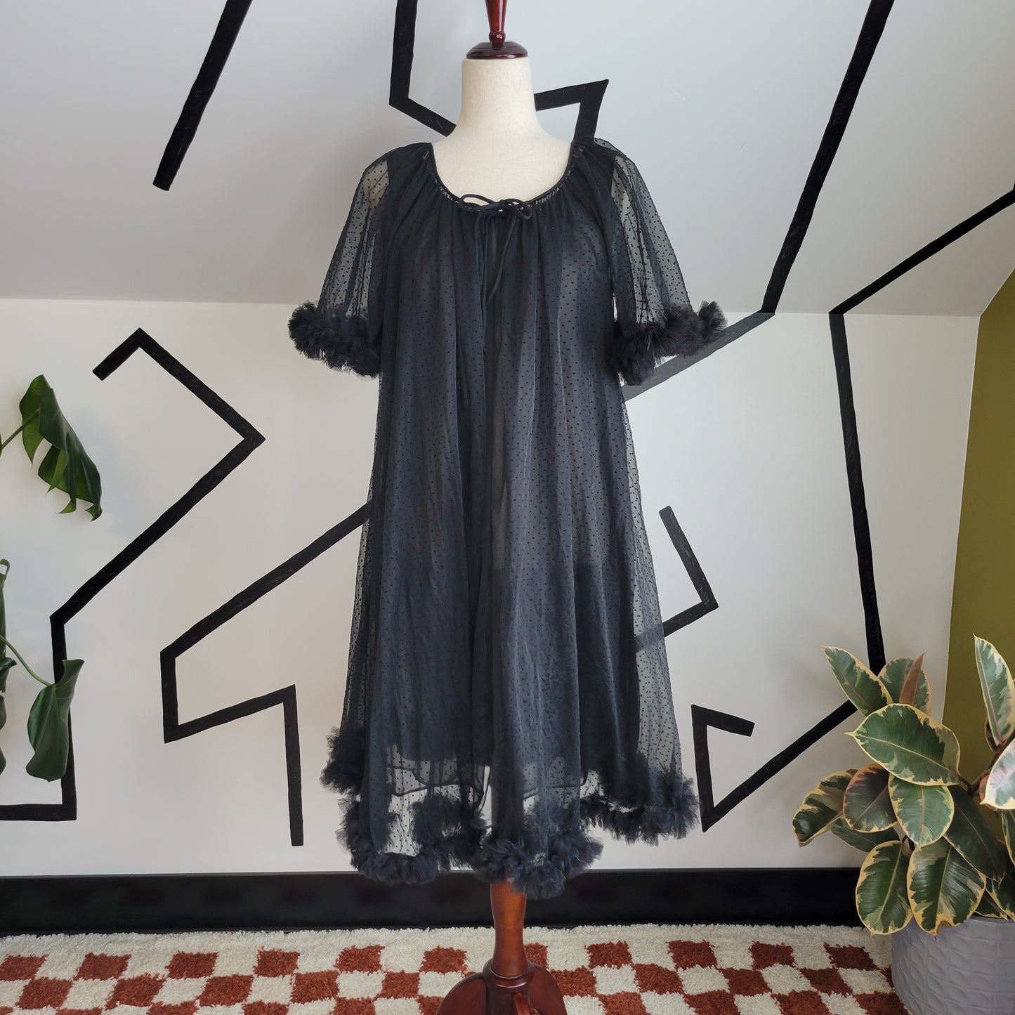 Lisette by Al Sterling Vintage 60s Black Shear Nylon Peignoir Two Piece Set with Dress and Overdress - medium