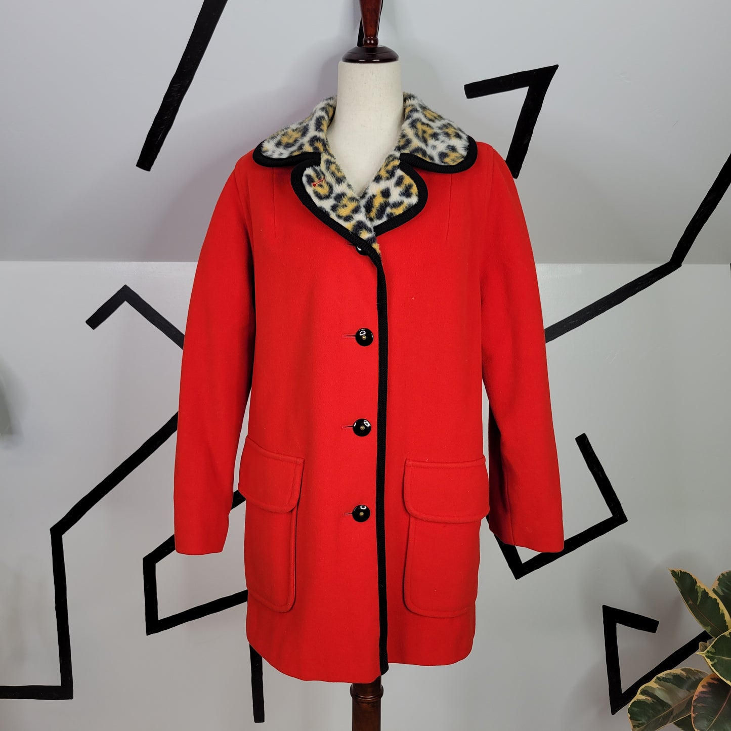 Penguin Fashions Vintage Red Wool and Leopard Faux Fur Peacoat - size 12