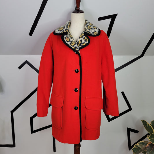 Penguin Fashions Vintage Red Wool and Leopard Faux Fur Peacoat - size 12