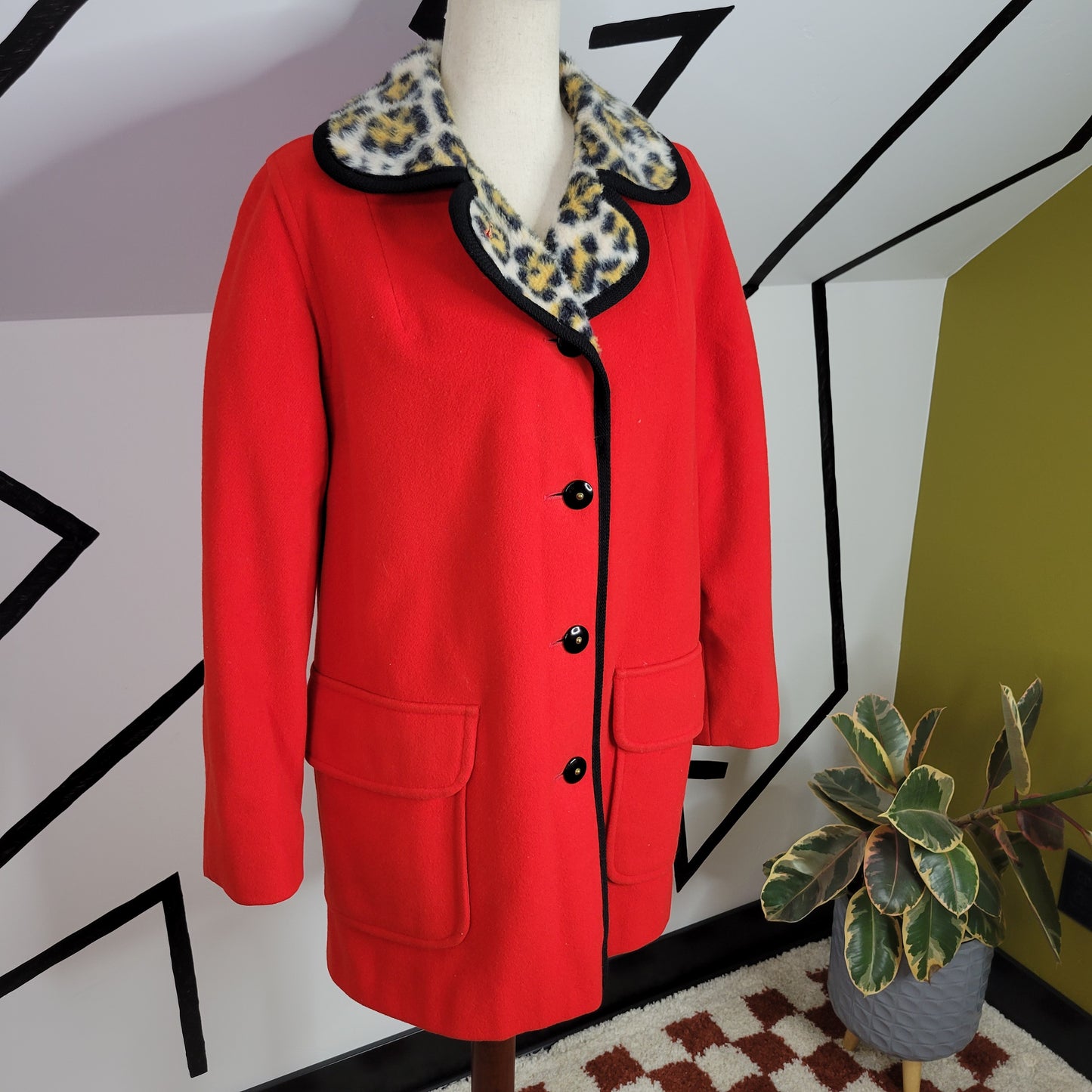 Penguin Fashions Vintage Red Wool and Leopard Faux Fur Peacoat - size 12