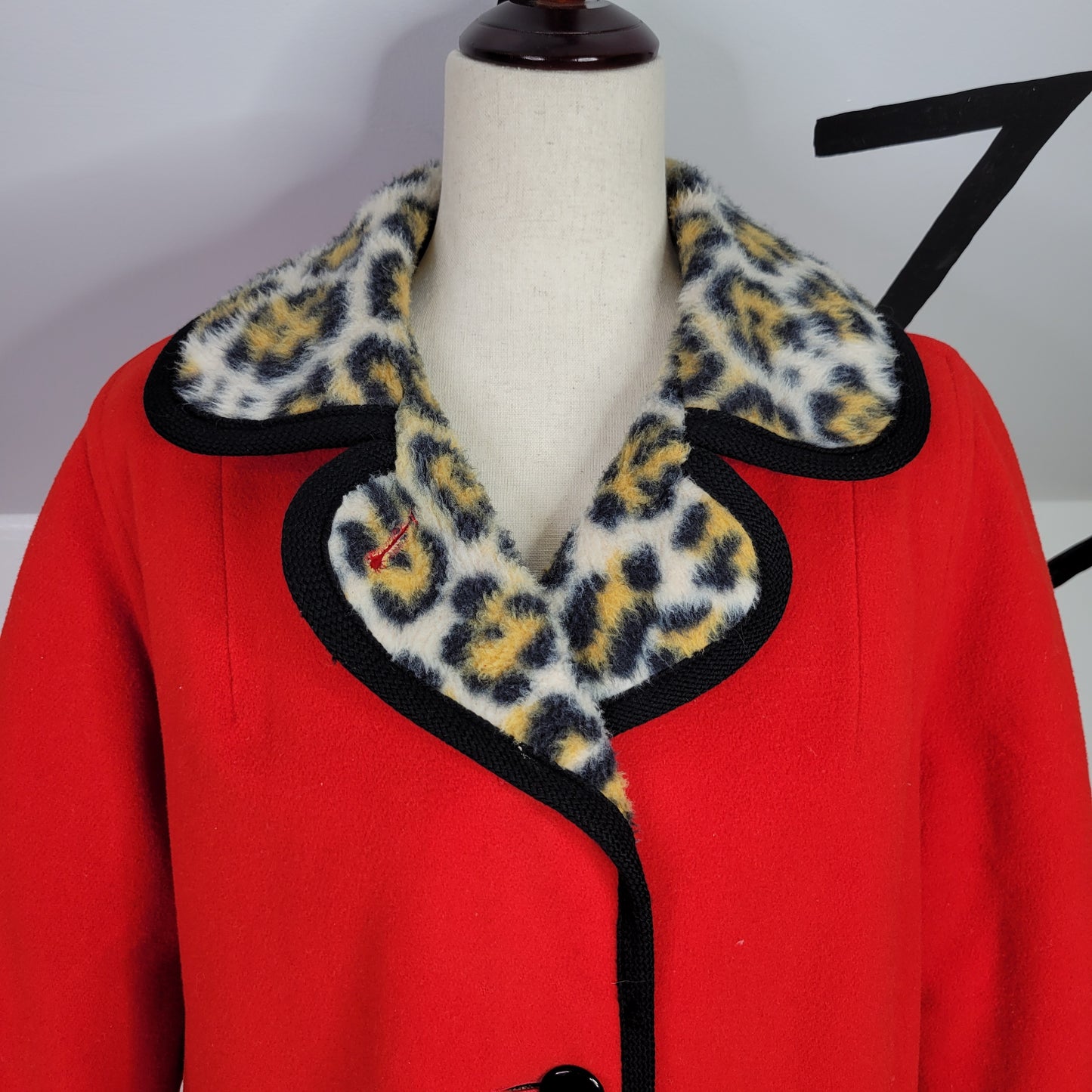 Penguin Fashions Vintage Red Wool and Leopard Faux Fur Peacoat - size 12