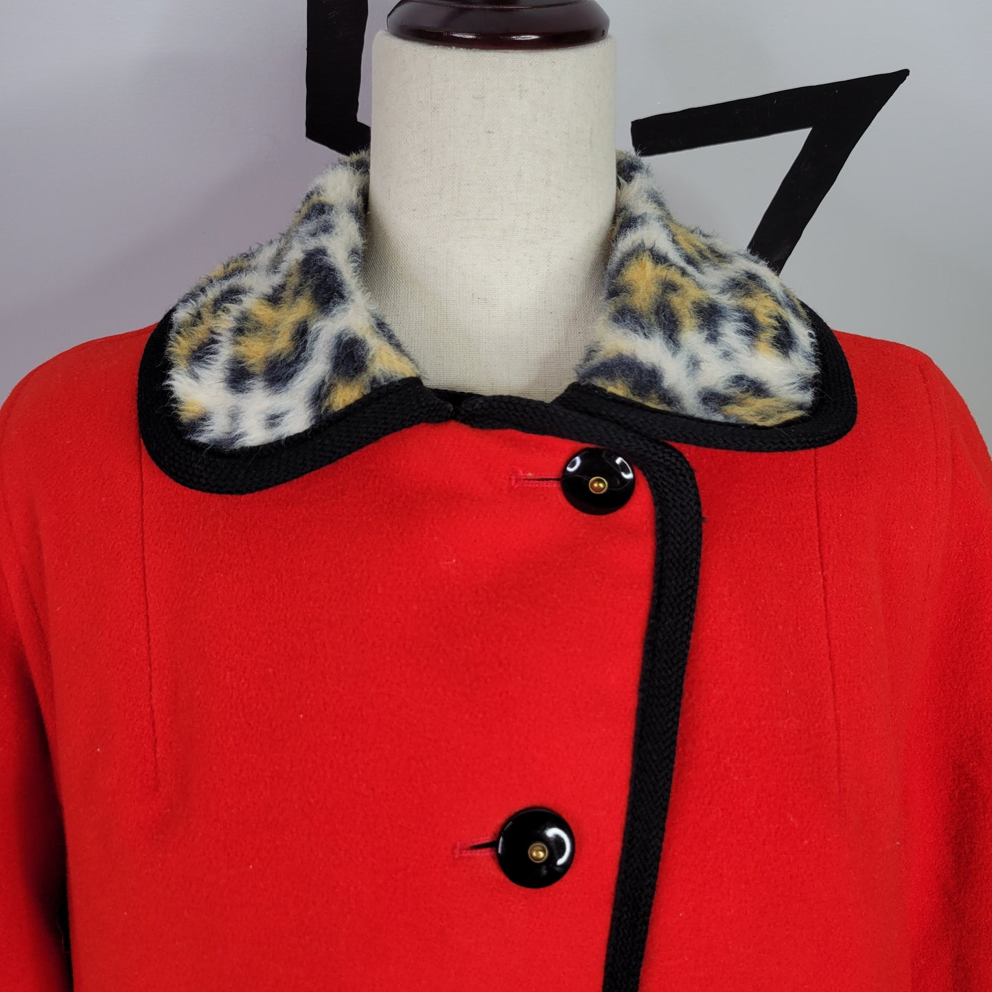 Penguin Fashions Vintage Red Wool and Leopard Faux Fur Peacoat - size 12