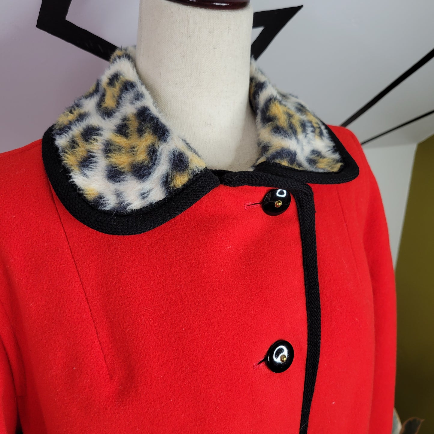 Penguin Fashions Vintage Red Wool and Leopard Faux Fur Peacoat - size 12