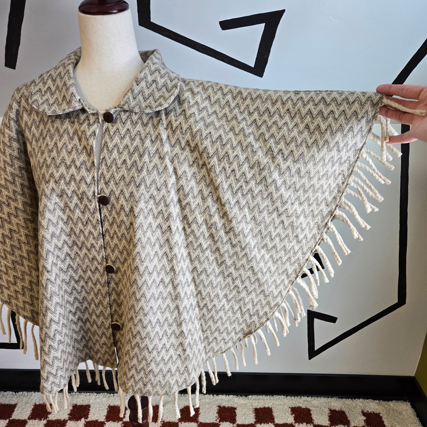 Vintage 1950s Wool Button Down Fringe Cape Poncho - OS