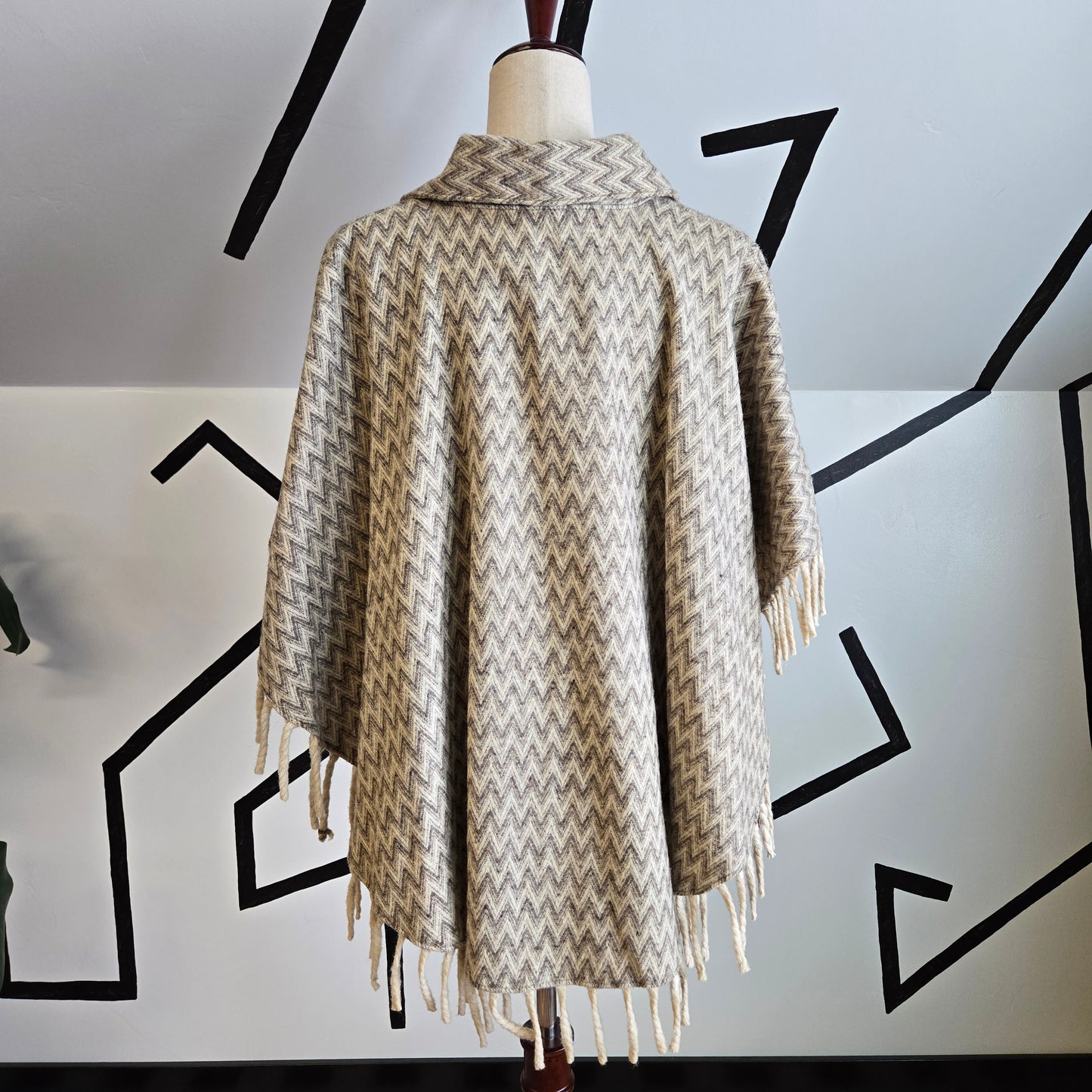 Vintage 1950s Wool Button Down Fringe Cape Poncho - OS