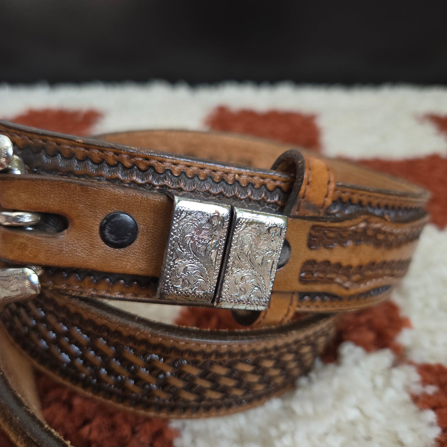 Nocono Genuine Leather Vintage Western Belt with Silver Hardware - size 30