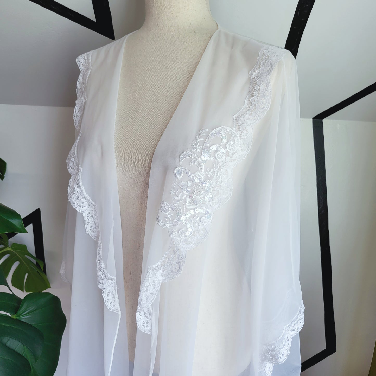 Shadow Line 70s Vintage White Shear Lingerie Duster with Sequins - Large