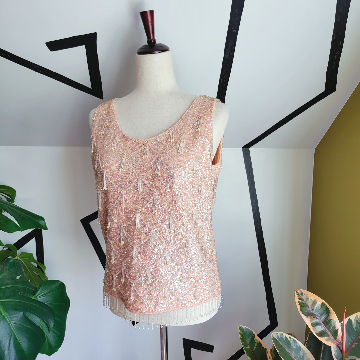 Pale Pink Vintage 60s Fully Beaded Tank Top - small
