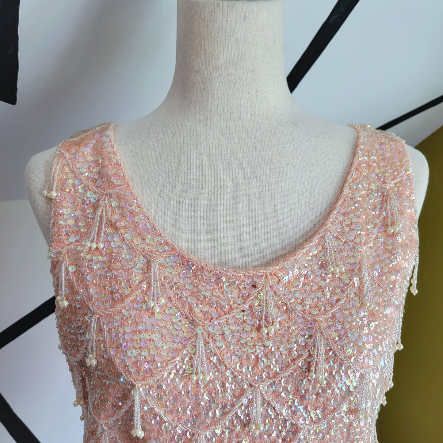 Pale Pink Vintage 60s Fully Beaded Tank Top - small