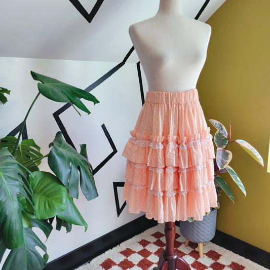 Peach and Lace Vintage Hand Made Tiered Ruffle Skirt - L-2X