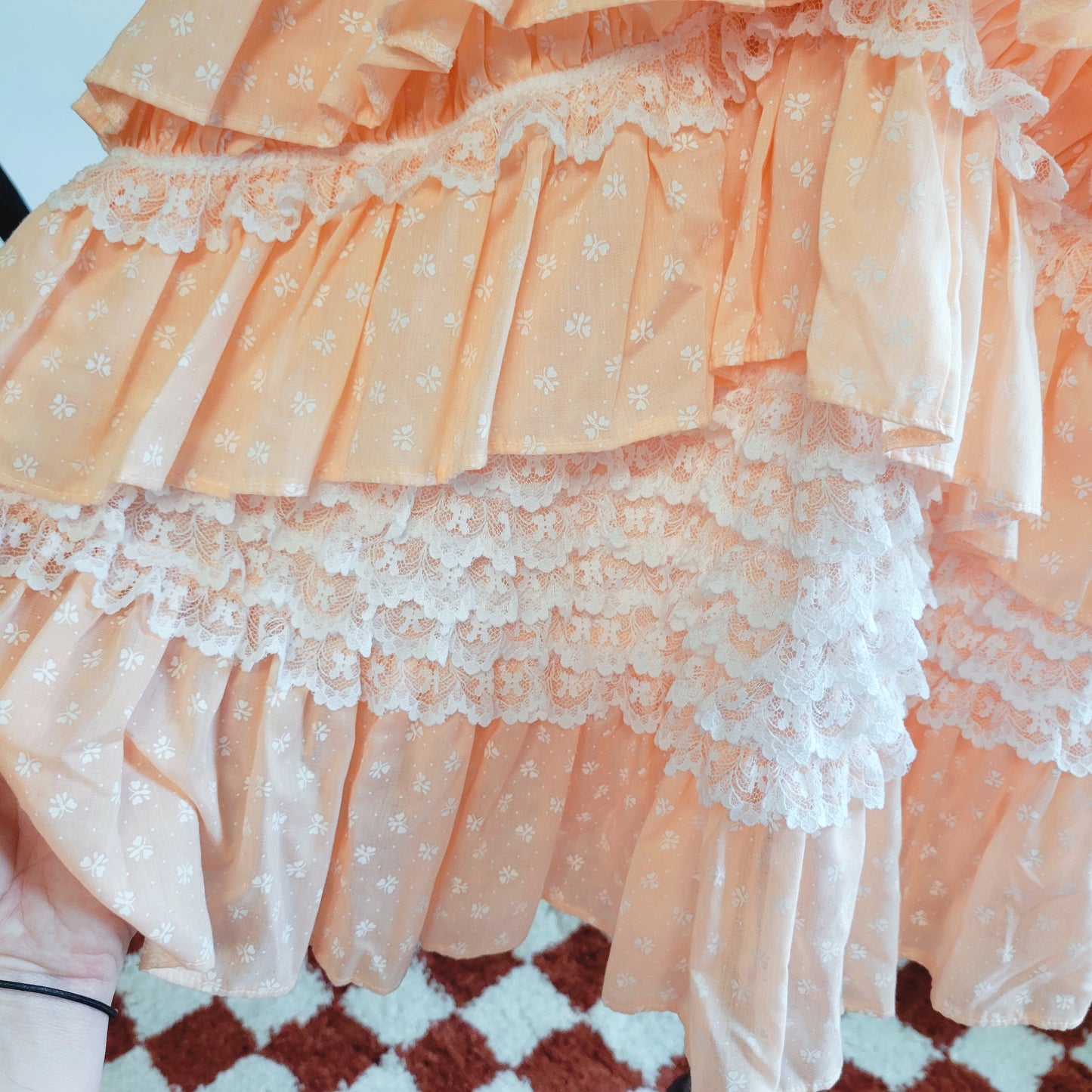 Peach and Lace Vintage Hand Made Tiered Ruffle Skirt - L-2X