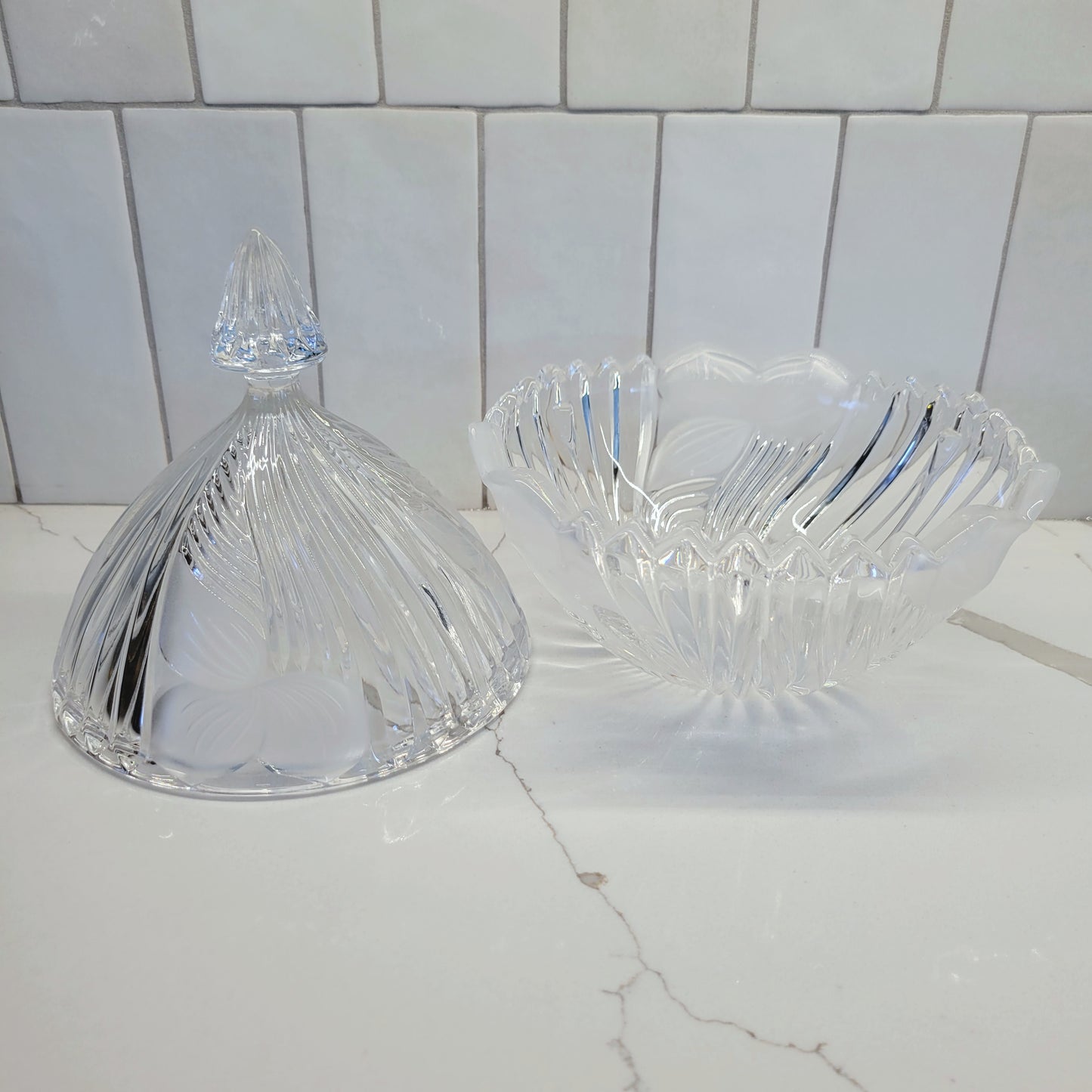 Lead Cut Crystal Vintage Swirl and Leaf Pattern Lidded Dish