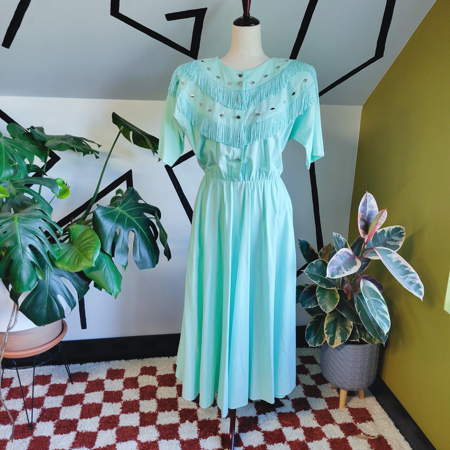 Lilia Smith Exclusive 70s Vintage Turquoise Western Fringe Dress - size 12