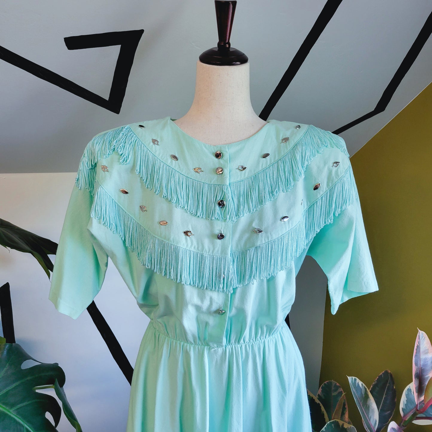 Lilia Smith Exclusive 70s Vintage Turquoise Western Fringe Dress - size 12