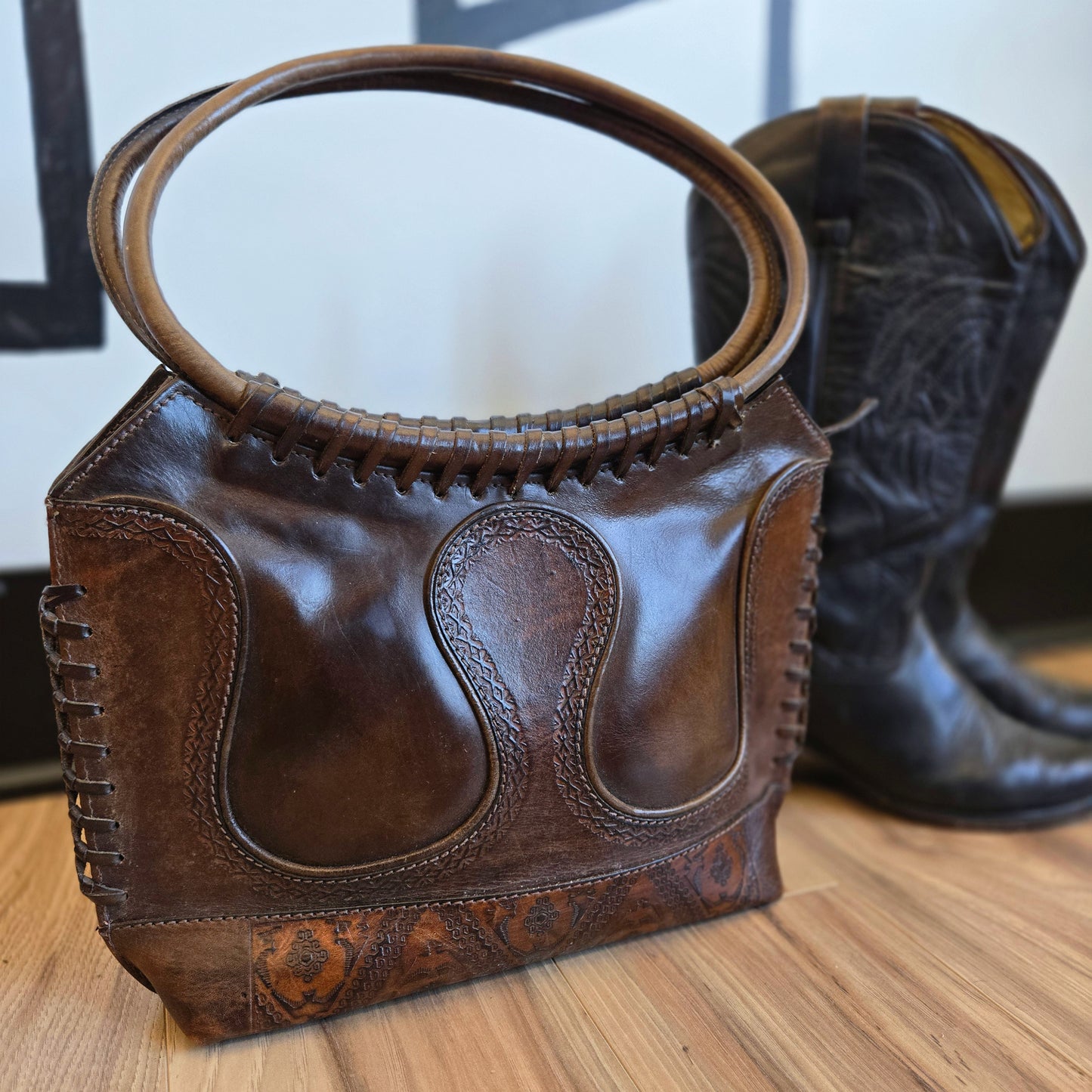 Anna Cainzo Western Thick Tooled Leather Shoulder Bag