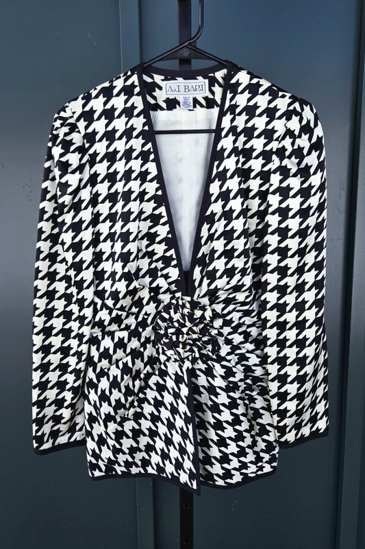 AJ Bari Silk Houndstooth Blazer with Floral Waist Detail - size 6