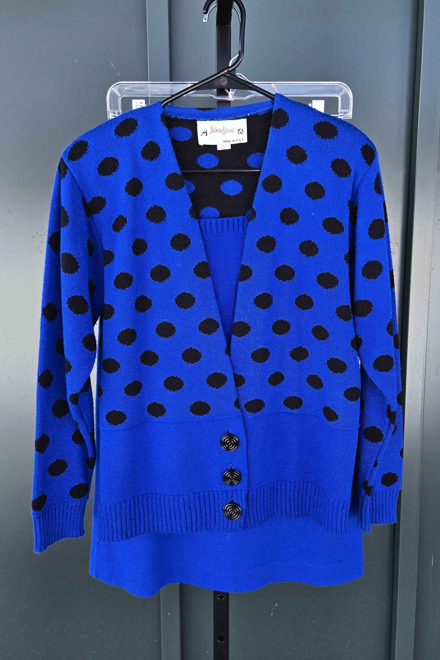 Neiman Marcus Vintage 1980s Ami Knits Blue and Black Polka Dot Two Piece Set - 10