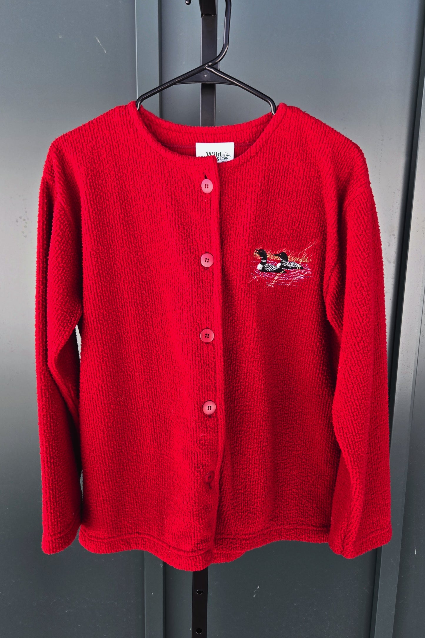 Wild Wings Red Fleece Cardigan with Loons Embroidery - small