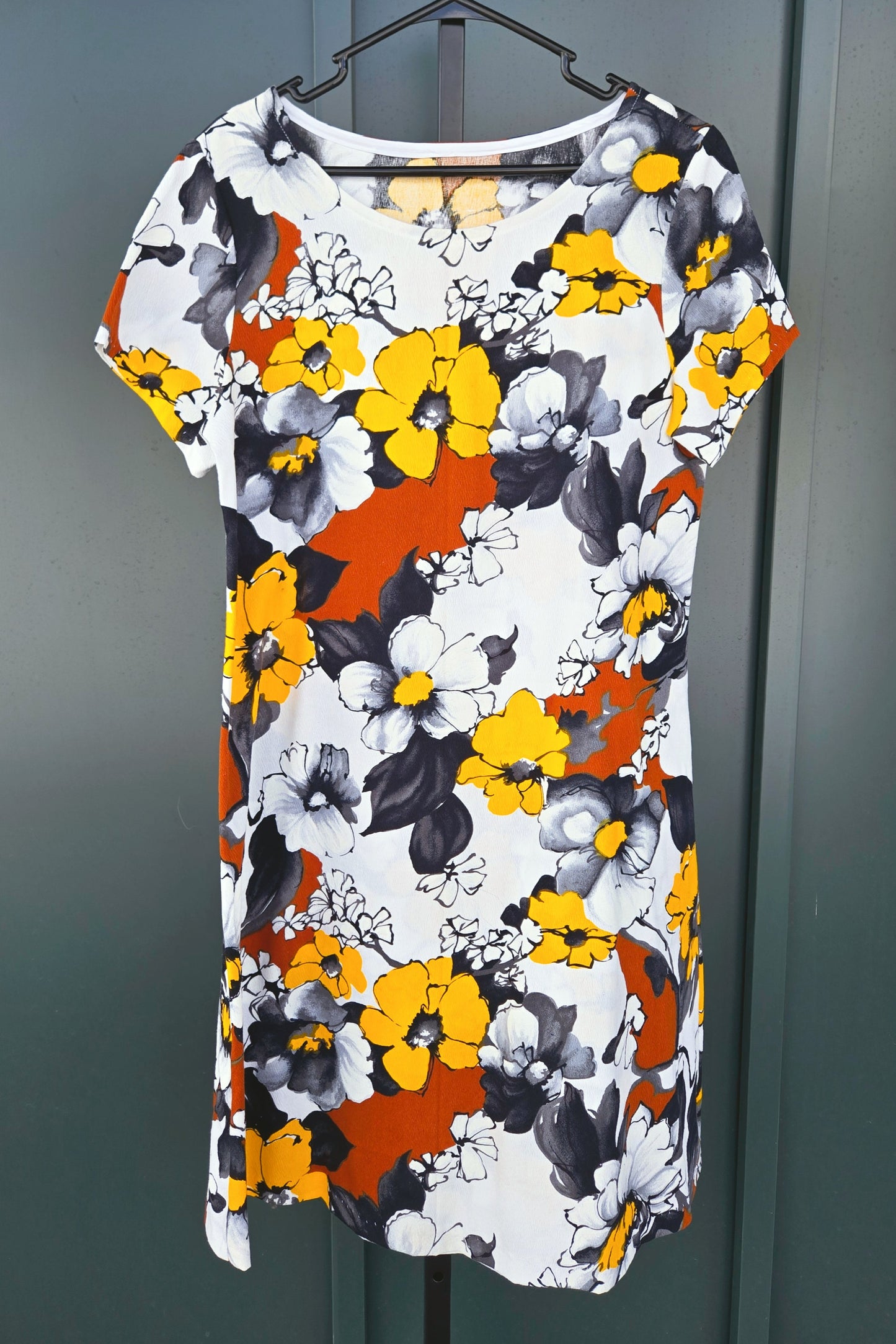 Vintage Barkcloth Yellow, Brown, and Black Flower Power Dress - medium