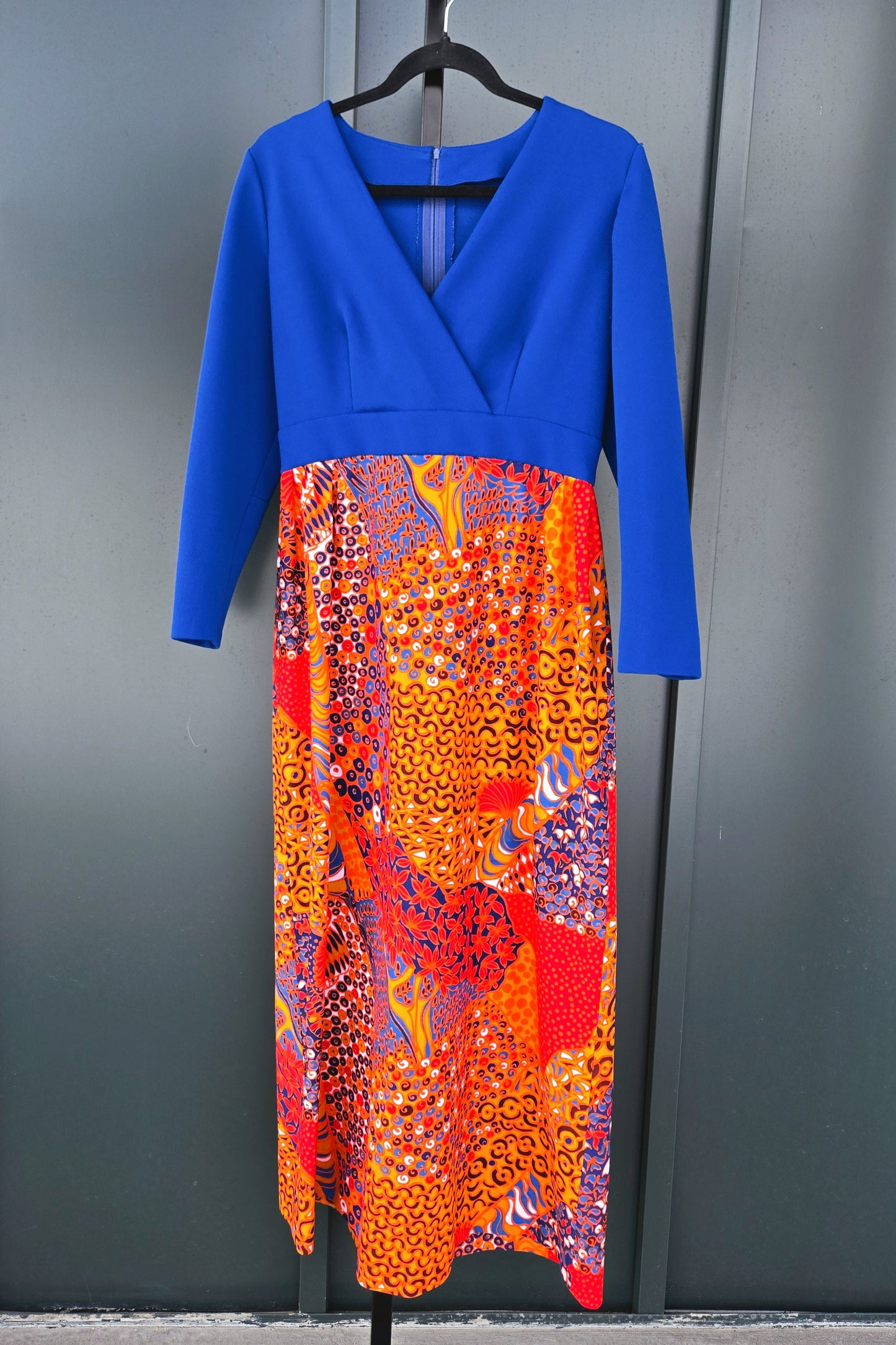 Vintage 1970s Blue Structured Top Maxi Dress with an Orange Dayglo Print Skirt