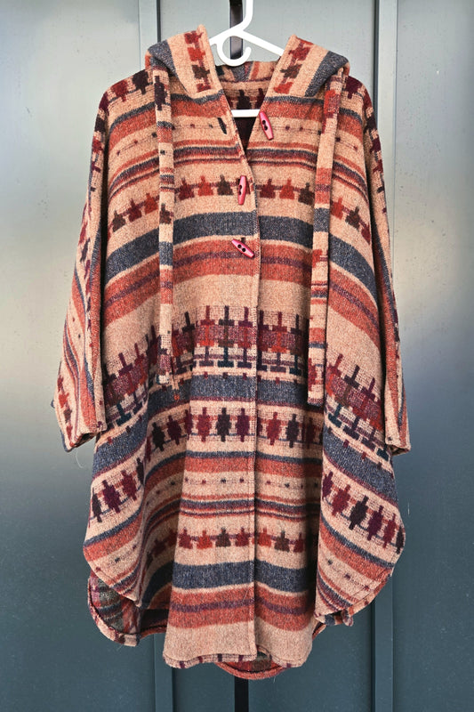 Vintage Wool Western Open Front Hooded Poncho - OS