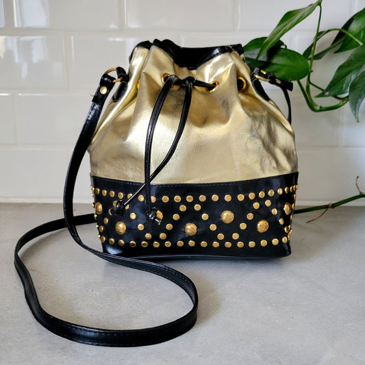 Vintage Joseph B Studded Leather Crossbody Metallic Gold Bucket Bag