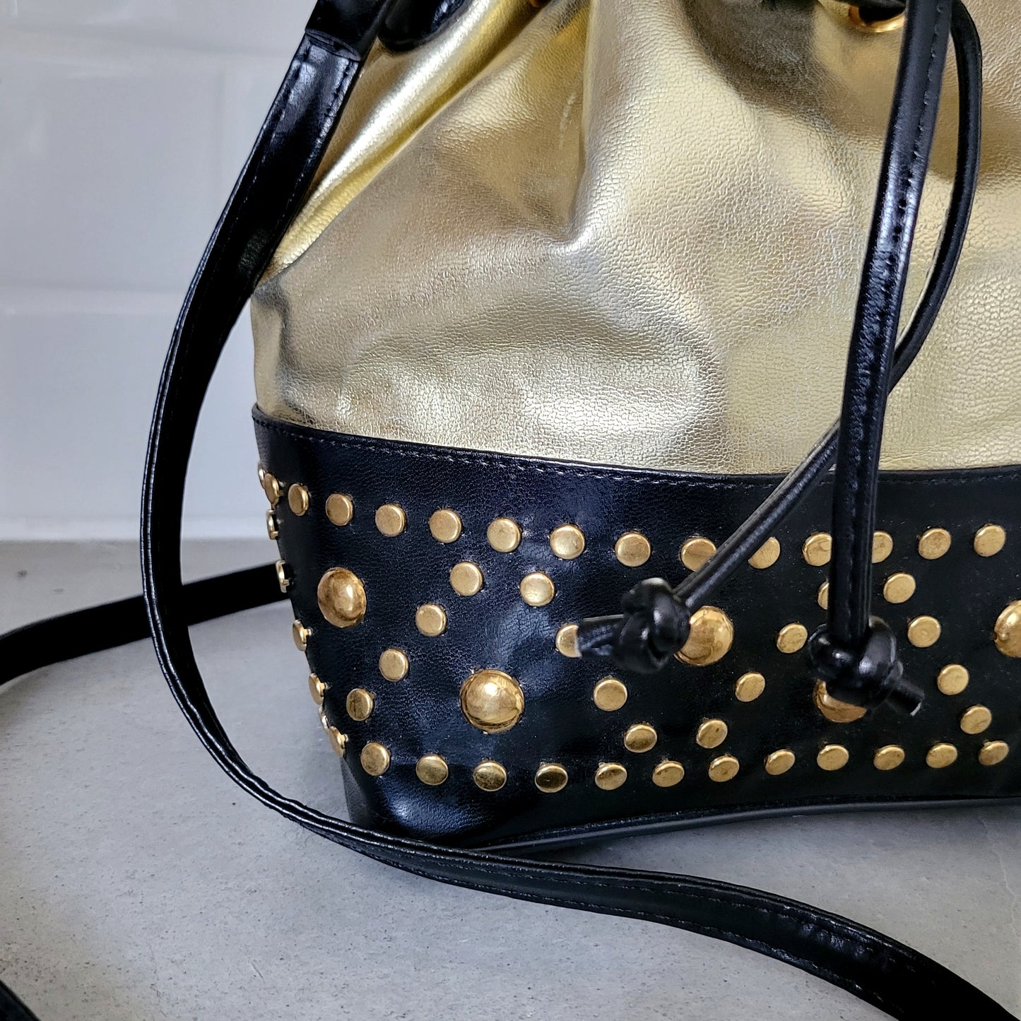 Vintage Joseph B Studded Leather Crossbody Metallic Gold Bucket Bag