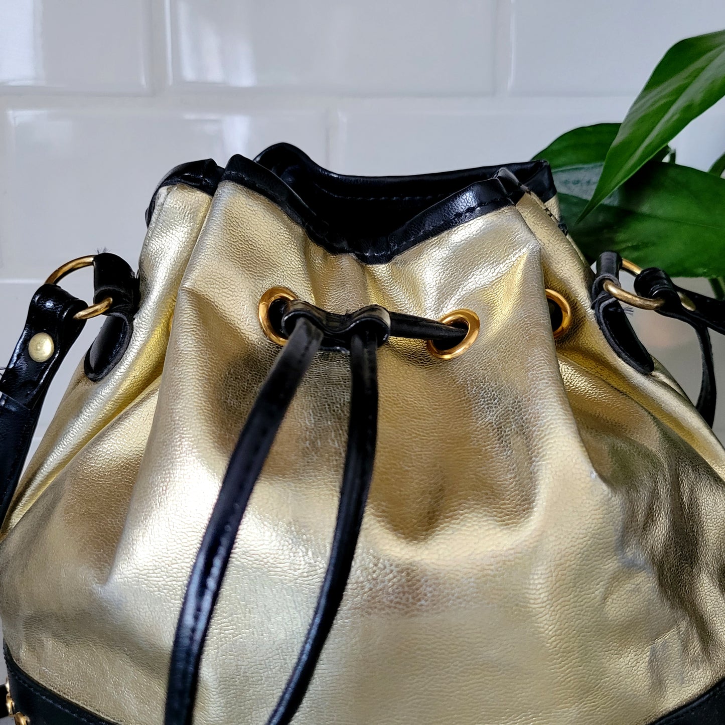 Vintage Joseph B Studded Leather Crossbody Metallic Gold Bucket Bag