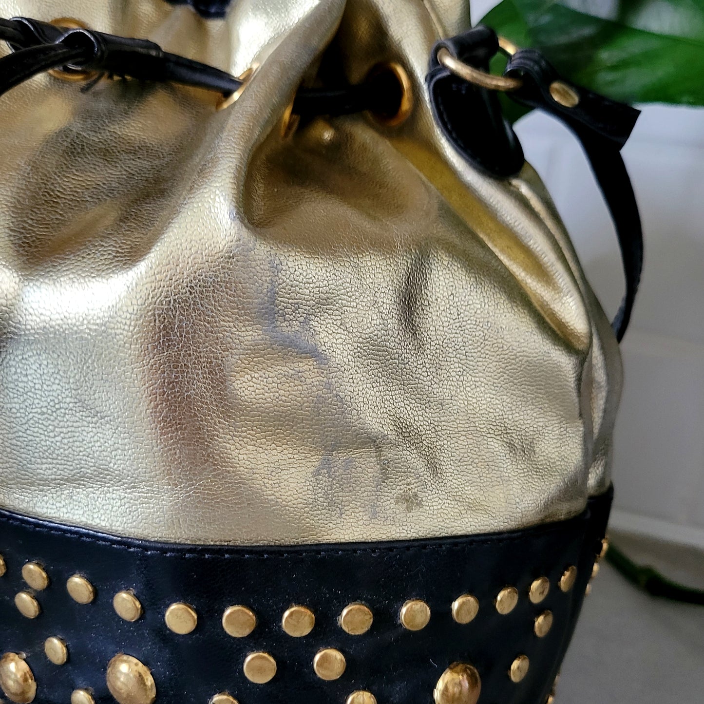 Vintage Joseph B Studded Leather Crossbody Metallic Gold Bucket Bag