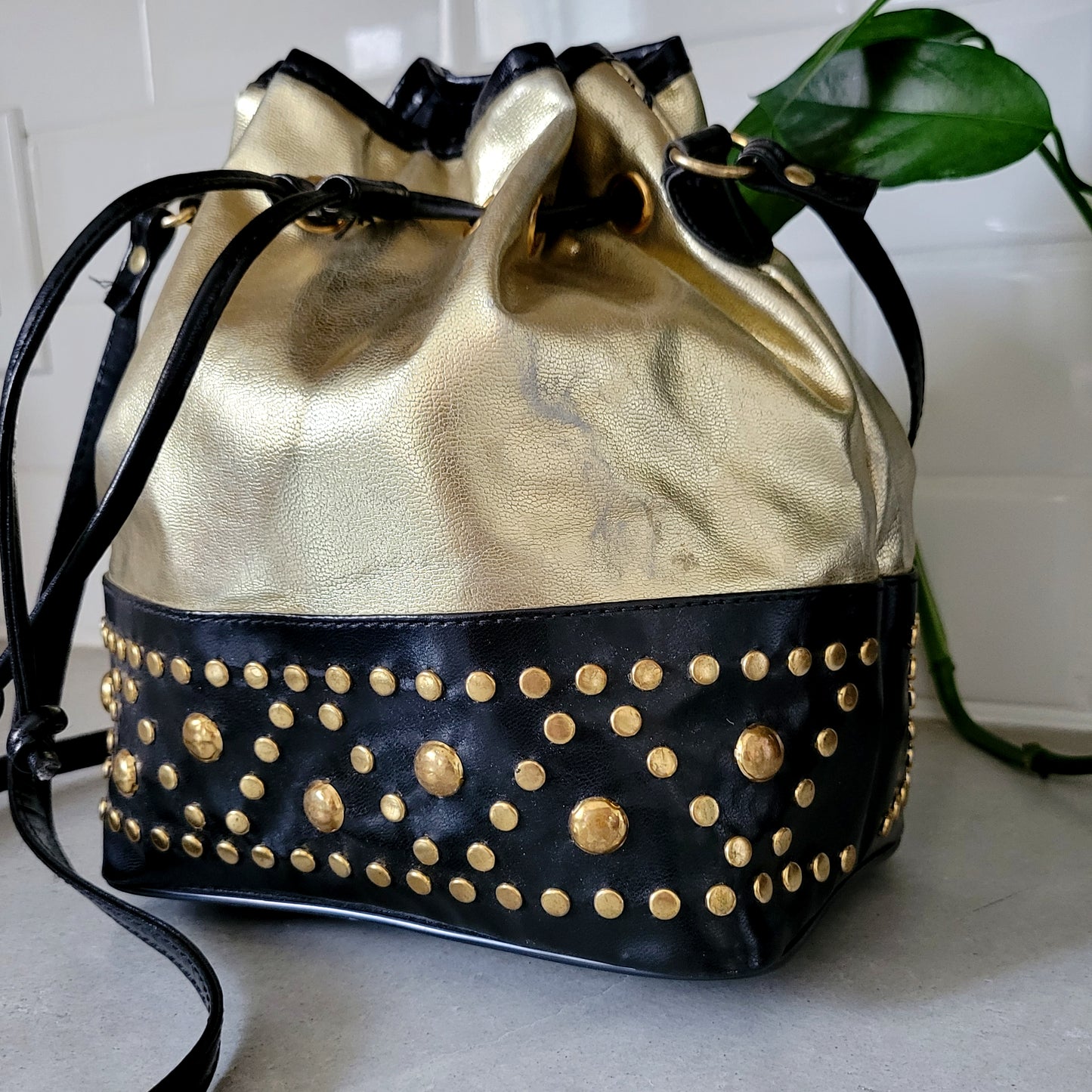 Vintage Joseph B Studded Leather Crossbody Metallic Gold Bucket Bag