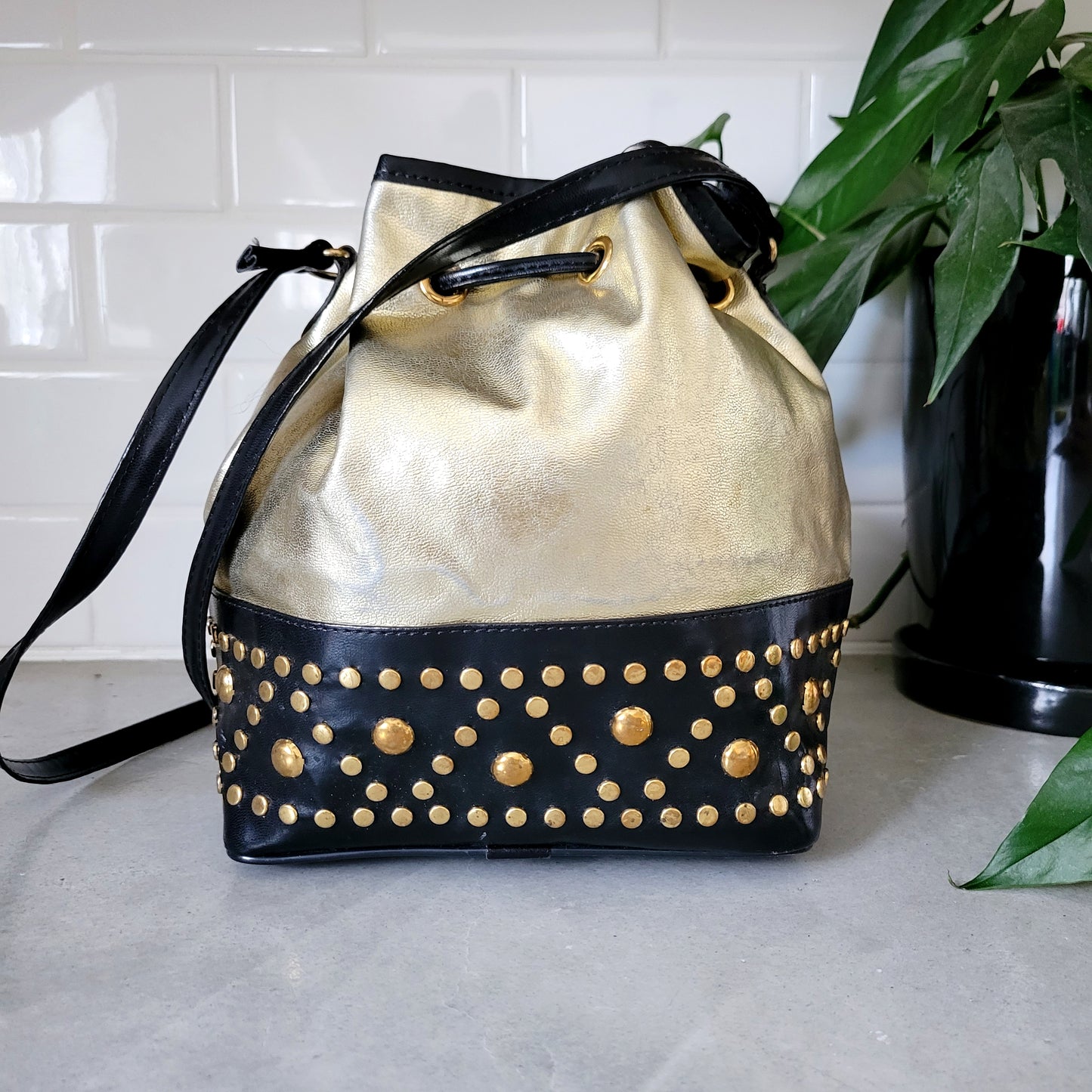 Vintage Joseph B Studded Leather Crossbody Metallic Gold Bucket Bag