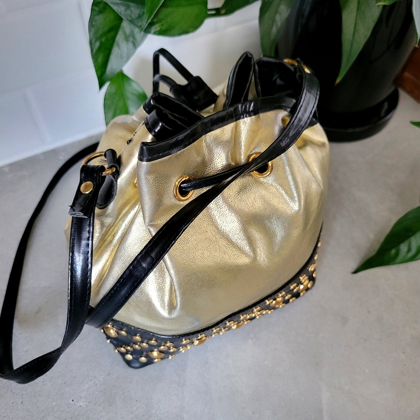 Vintage Joseph B Studded Leather Crossbody Metallic Gold Bucket Bag