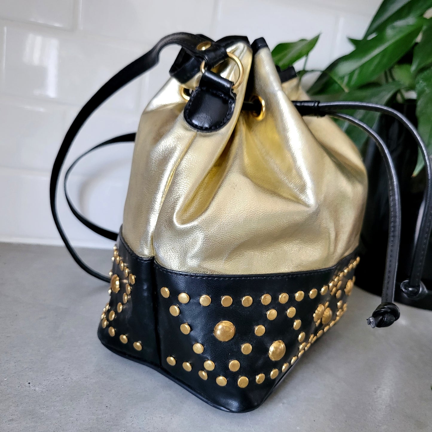 Vintage Joseph B Studded Leather Crossbody Metallic Gold Bucket Bag