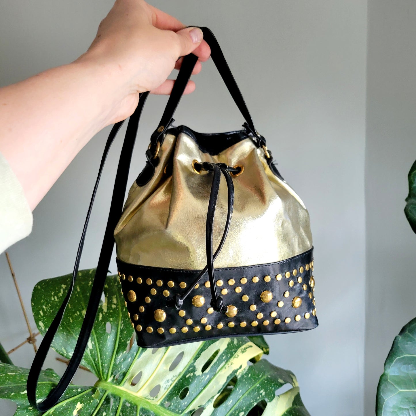 Vintage Joseph B Studded Leather Crossbody Metallic Gold Bucket Bag