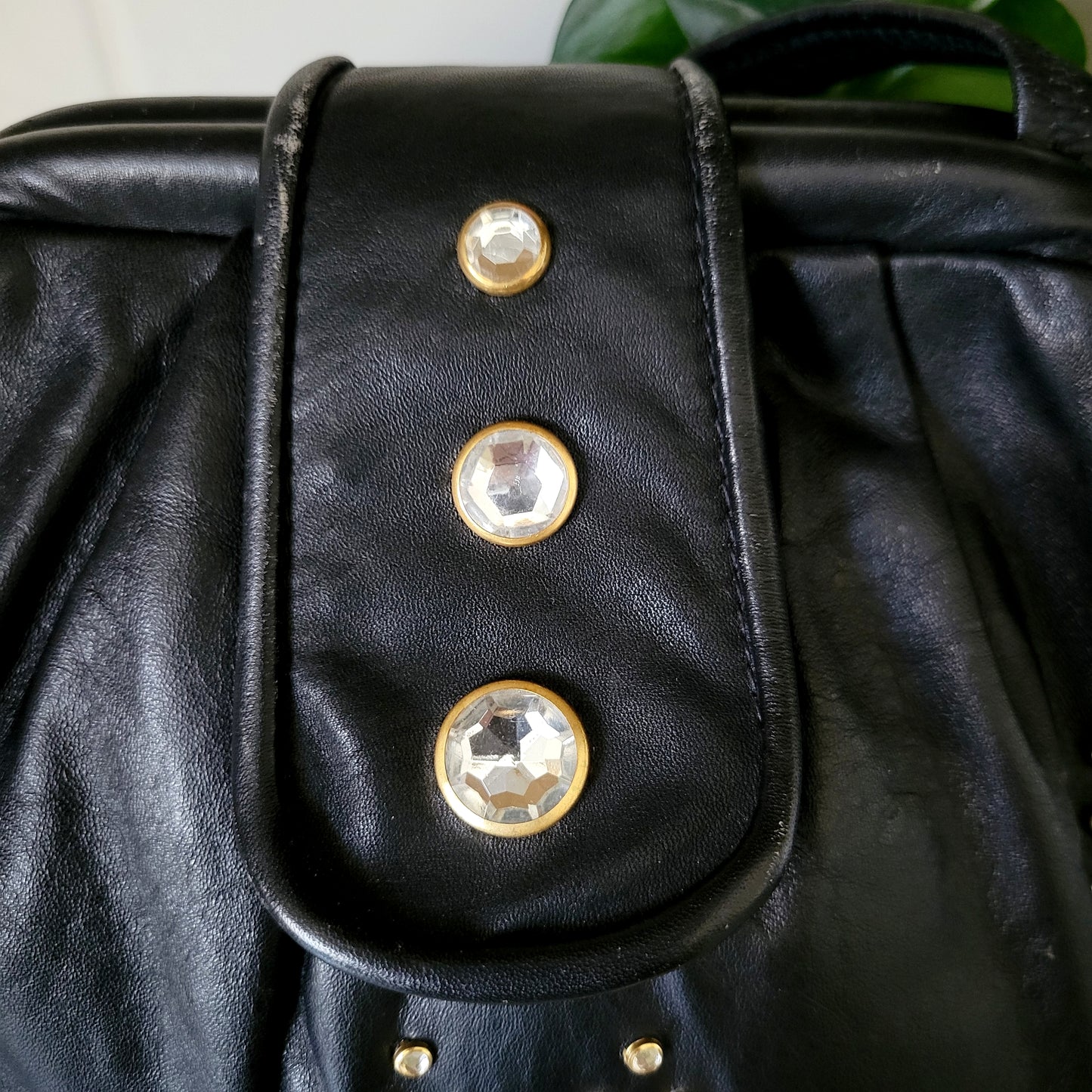 Vintage Made in USA Black Genuine Leather Gem Hinge Bag