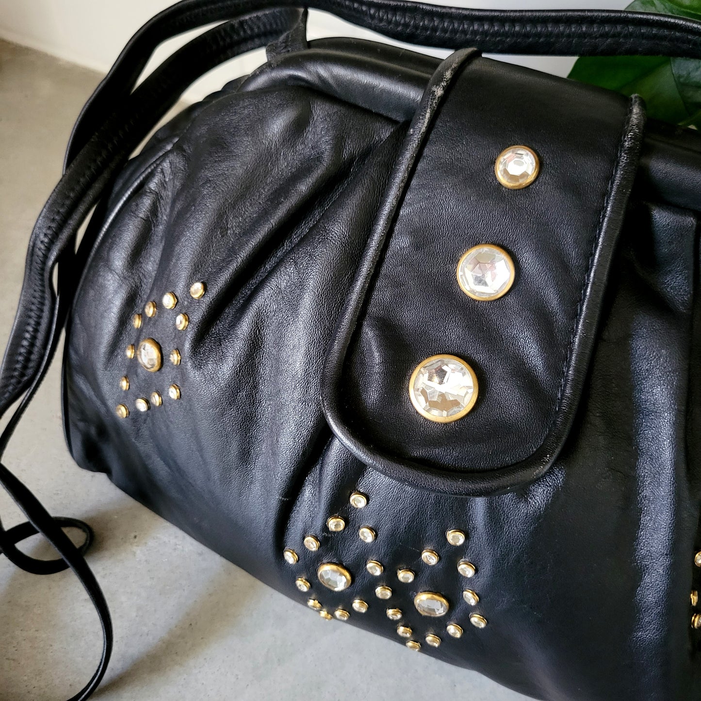 Vintage Made in USA Black Genuine Leather Gem Hinge Bag