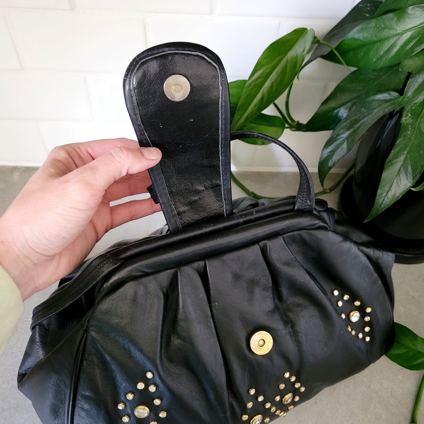 Vintage Made in USA Black Genuine Leather Gem Hinge Bag