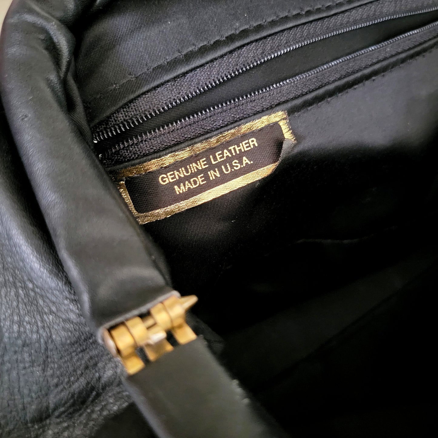 Vintage Made in USA Black Genuine Leather Gem Hinge Bag