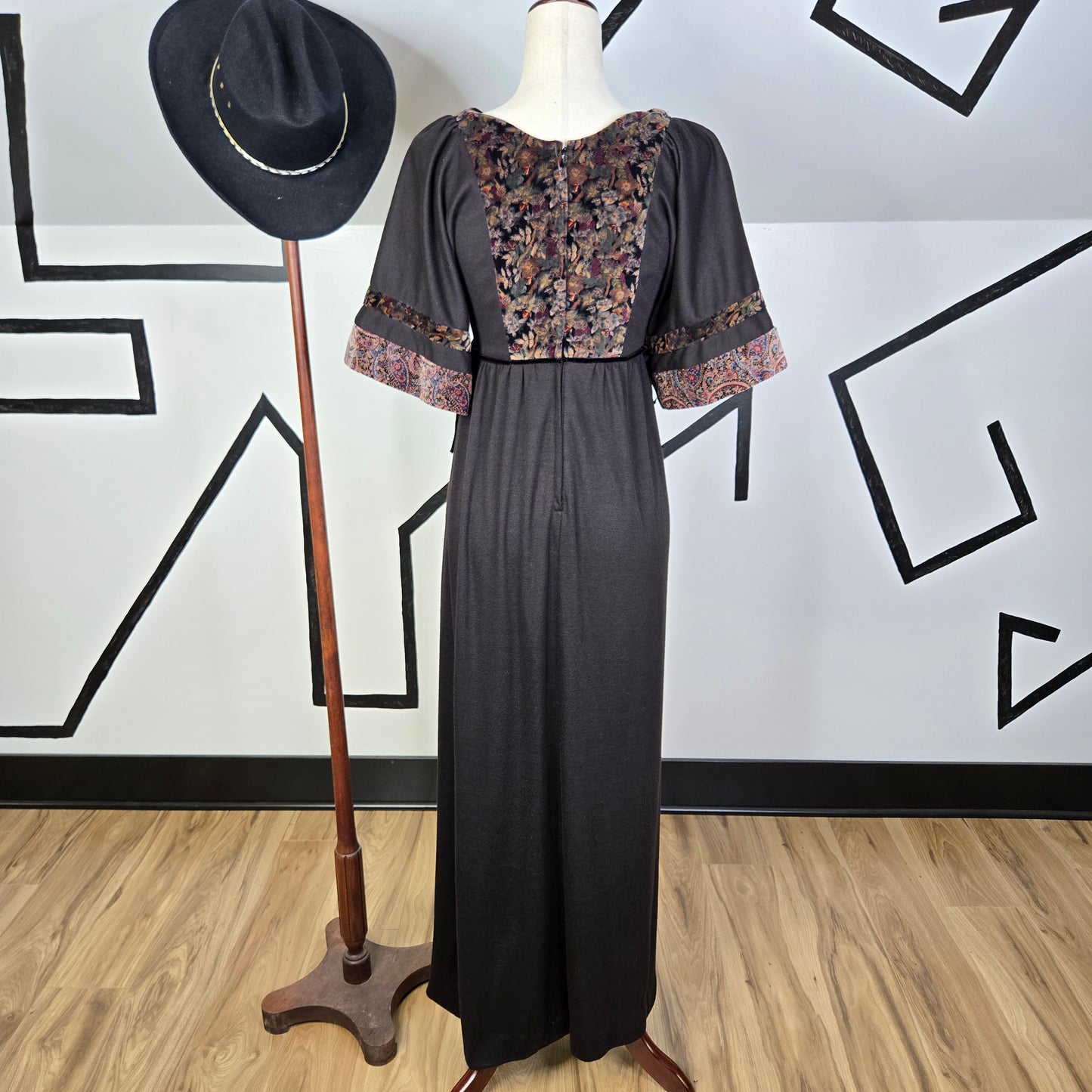 Vicky Vaughn Vintage 70s Brown and Floral Velvet Maxi Dress -