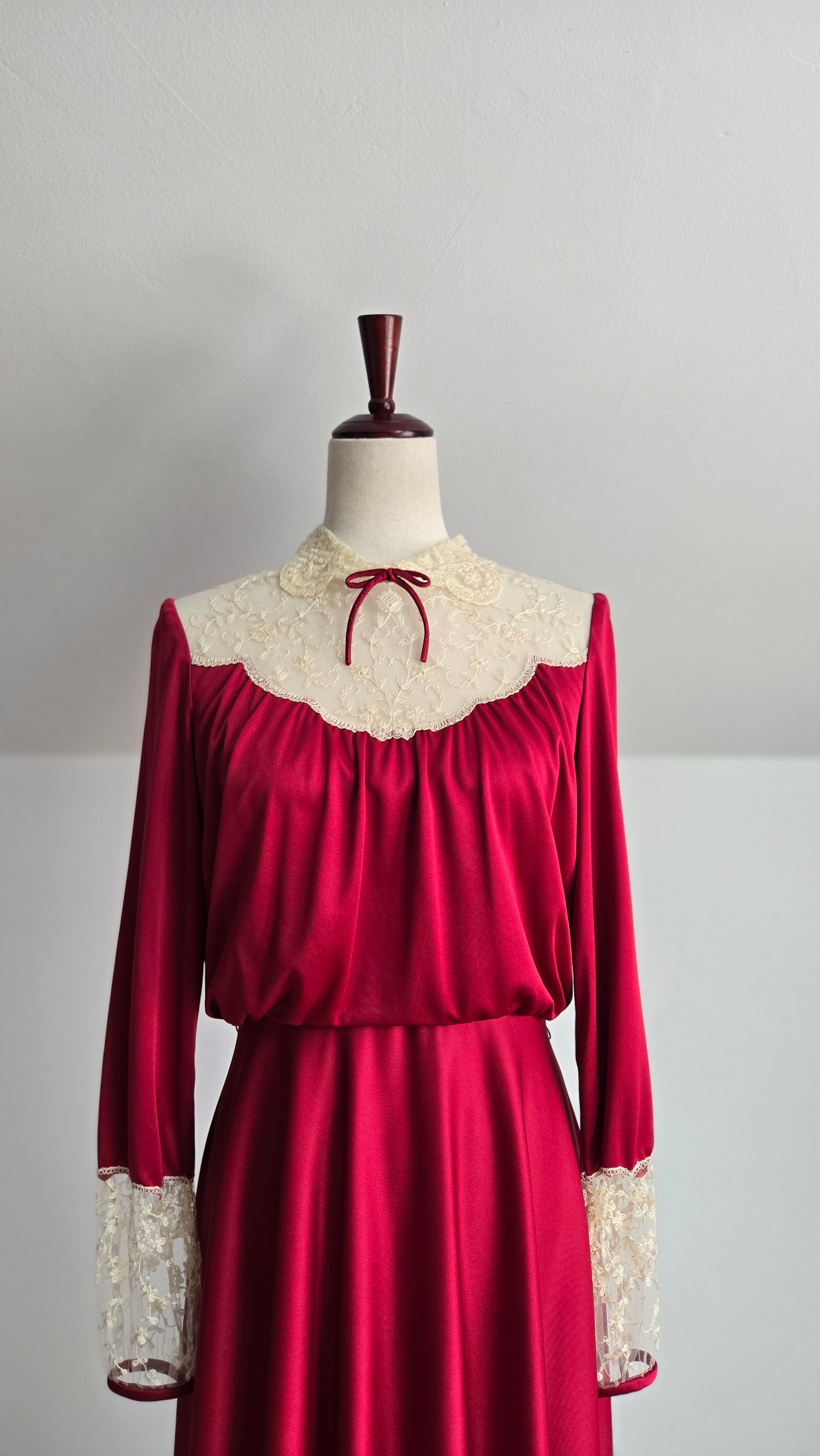 Vintage 1970s Red Slinky Maxi Dress with Shear Lace - Medium