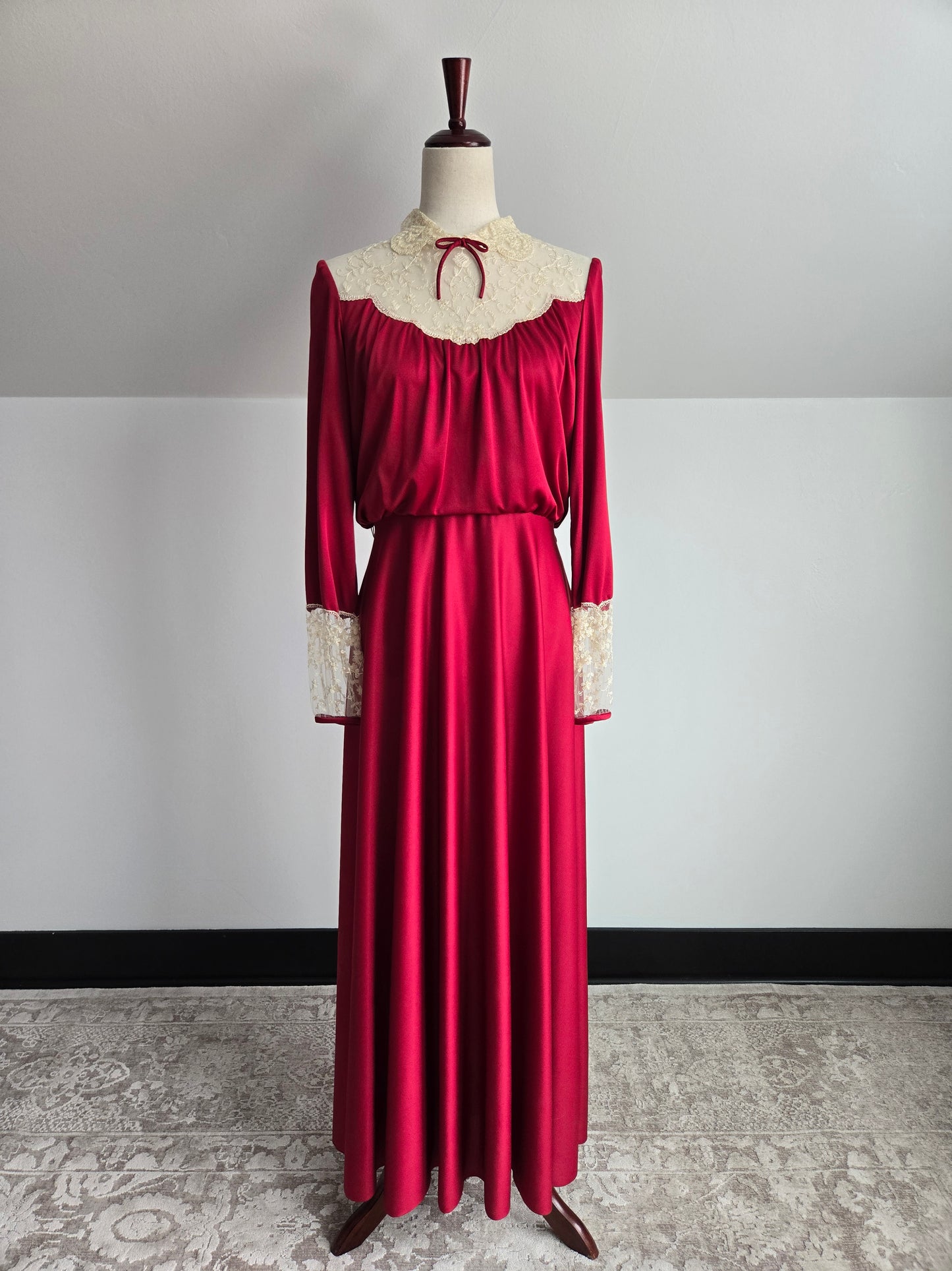 Vintage 1970s Red Slinky Maxi Dress with Shear Lace - Medium