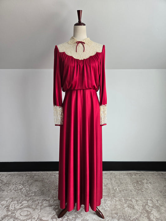 Vintage 1970s Red Slinky Maxi Dress with Shear Lace - Medium