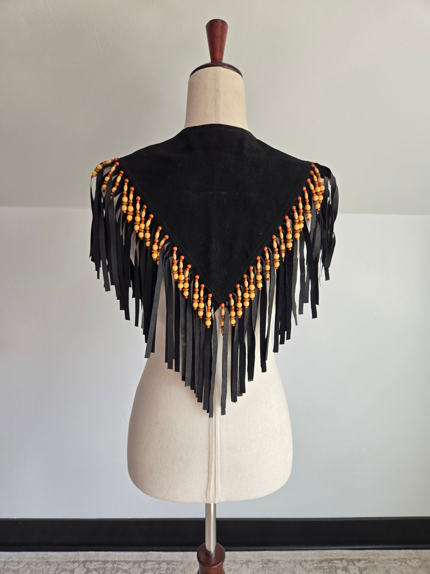 Vintage Braefair Leather Fringe and Wood Bead Shoulder Shawl - OS