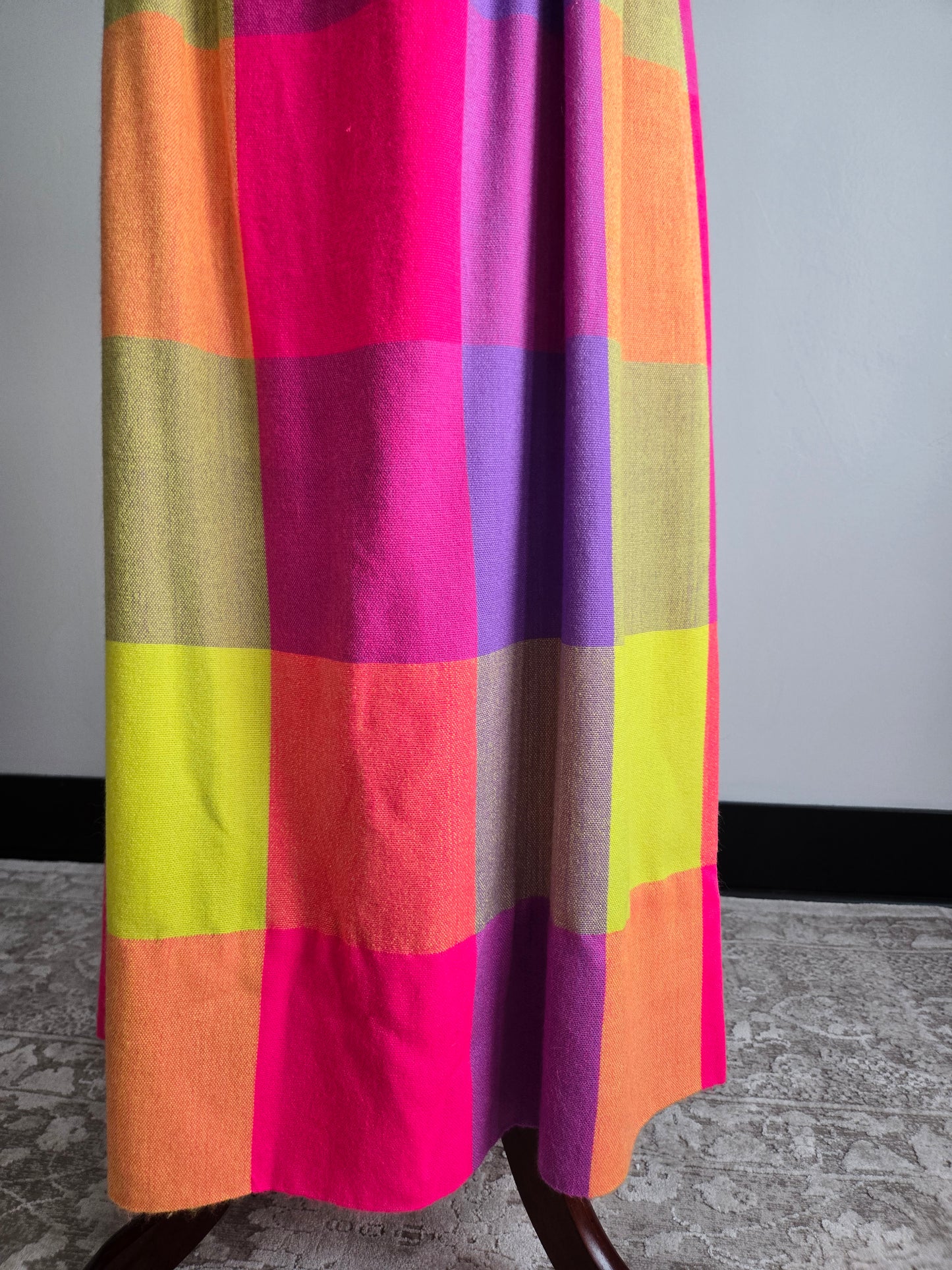 Vintage 70s Neon Plaid Matching Skirt and Scarf Set - W28"