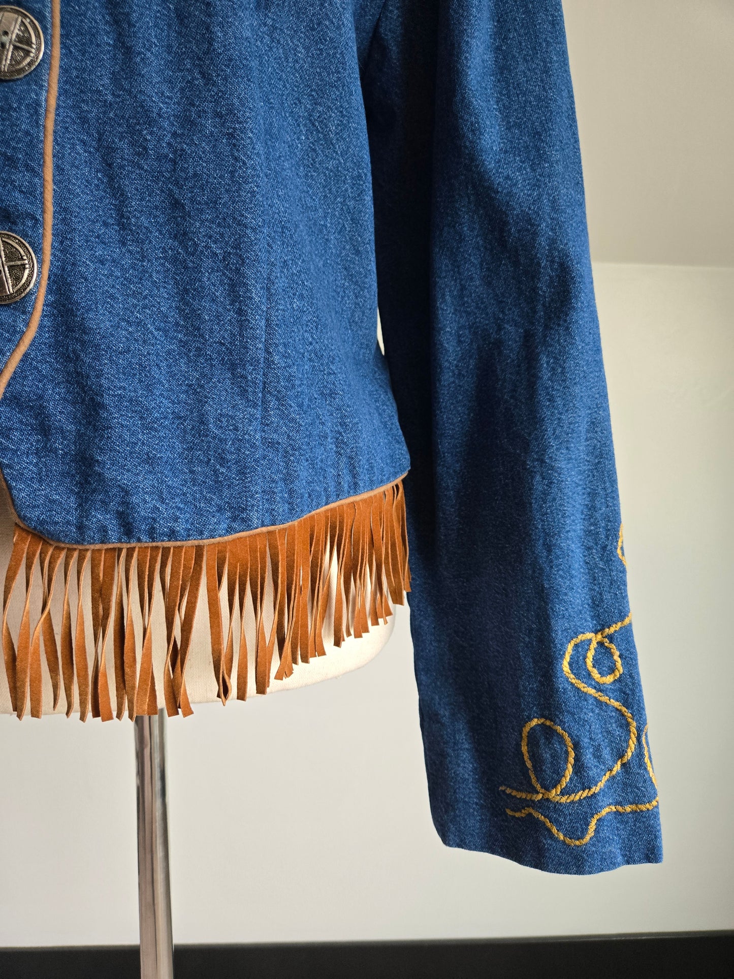 Happy Trails Embroidered Denim Western Jacket with Fringe - Medium