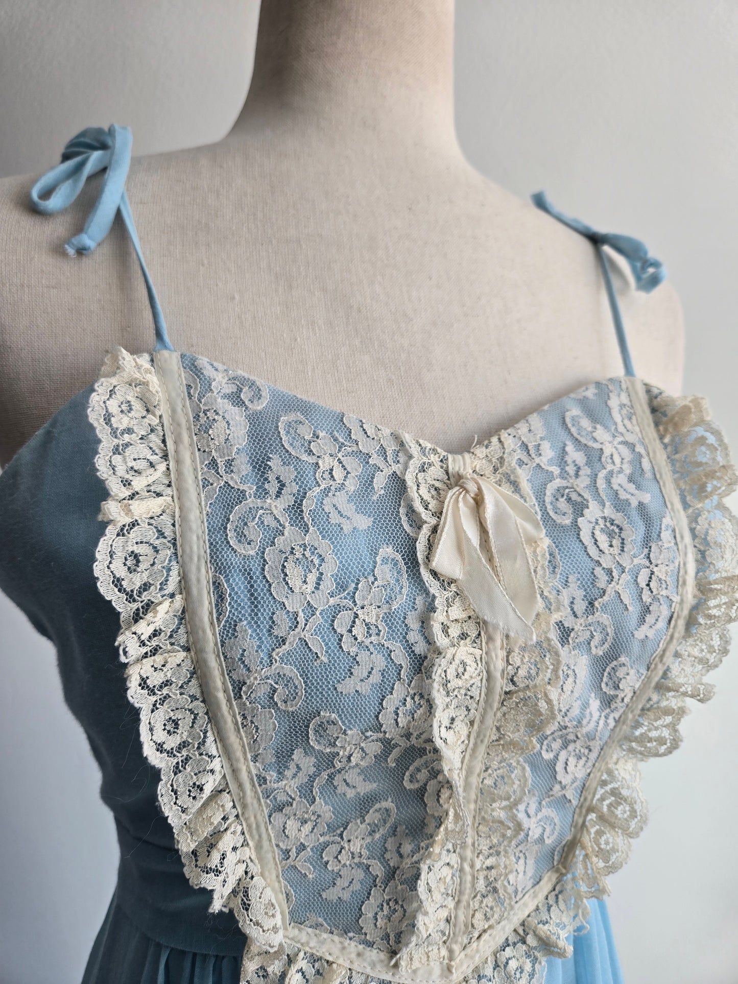 Candi Jones California Vintage 70s Baby Blue Lace Bib Prairie Dress - XS