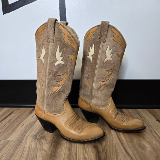 Dan Post Vintage Light Tan Suede Leather Western Boots with Inlays