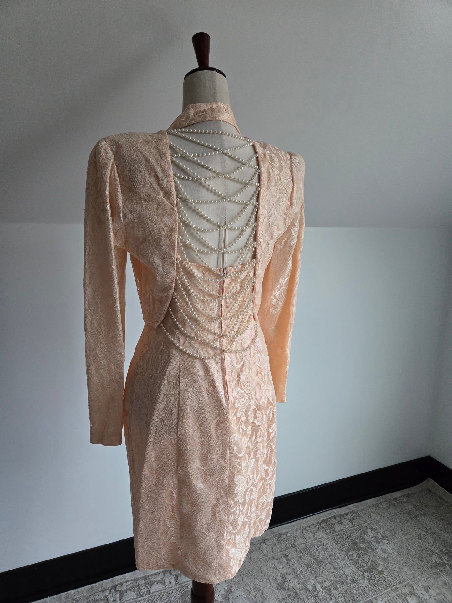 New Leaf Vintage 80s Peach Lace Dress and Pearl Bolero - Small