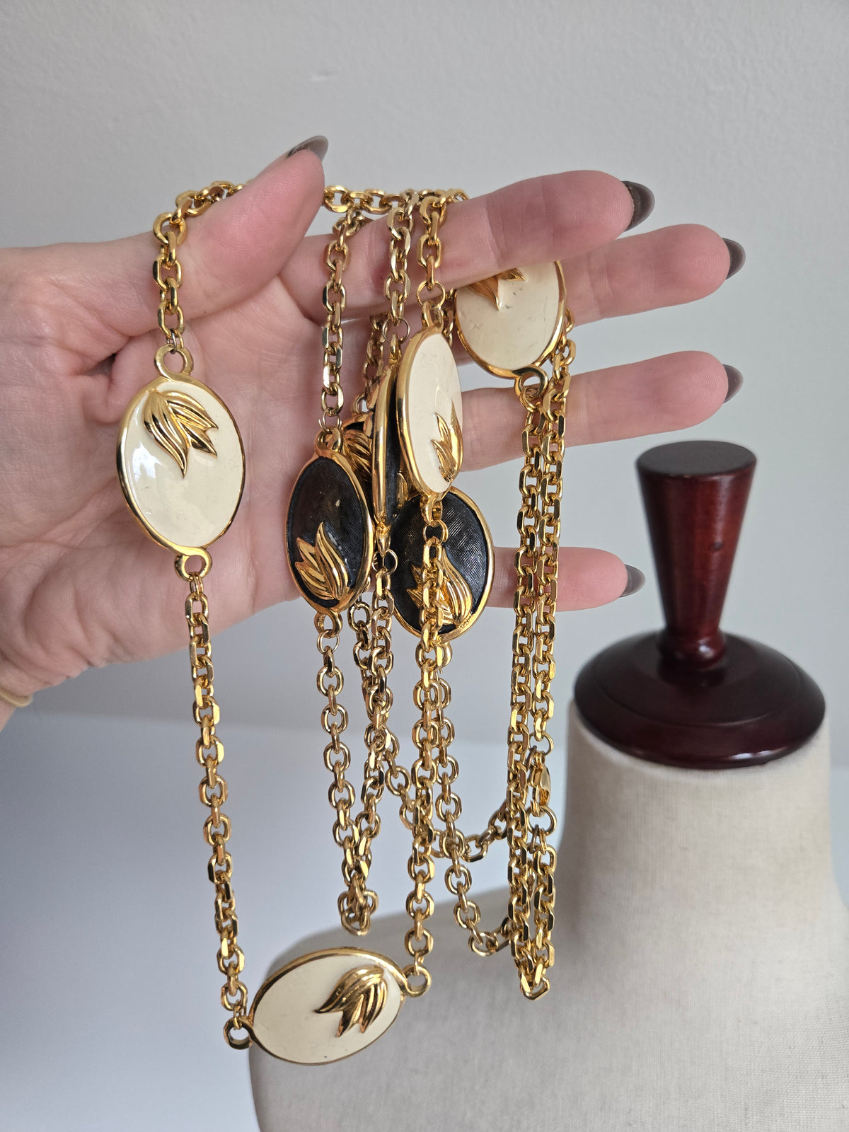 Vintage Black and White Statement Necklace with Gold Leaf Design